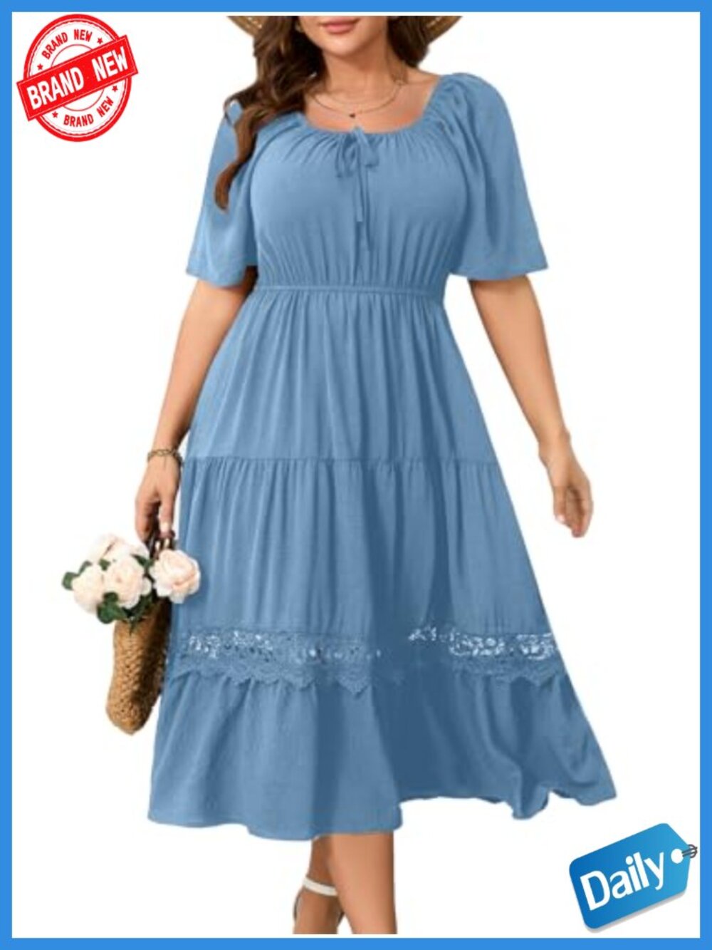 Plus Size Maxi Dress Ruffle Sleeve Square Neck Smocked Boho Beach Wedding Guest